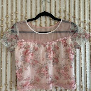 Pink Coquette Cottage Elegant Romantic Vintage Floral Lace Semi Sheer Blouse XS